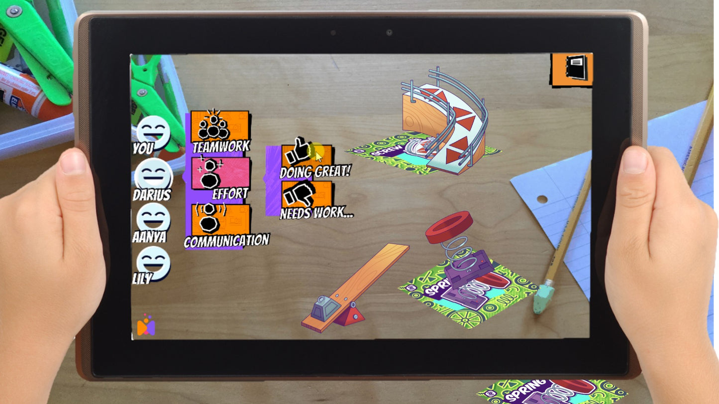 A child is using a tablet computer with a colorful educational app on the screen. The app features various interactive elements such as circuits, forces, and motion graphics.