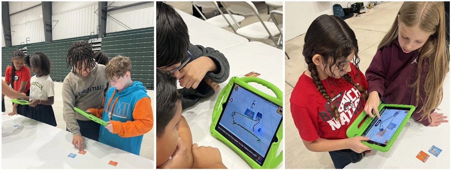 A collage of pictures featuring students learning with Mind Labs on tablet computers