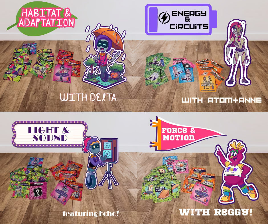 Educational toys with character figures on a wooden floor, featuring themes like 'Habitat & Adaptation', 'Energy & Circuits', 'Light & Sound', and 'Force & Motion'.