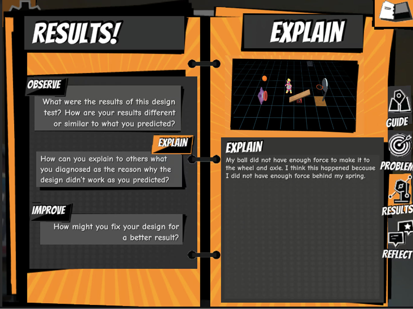 Educational design test results and explanation sheet with text and graphics.