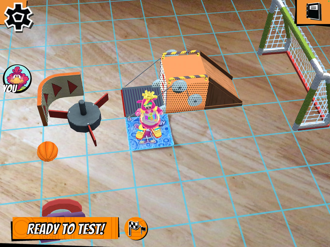 Sandbox game interface with various objects on a grid, including a character and basketball.