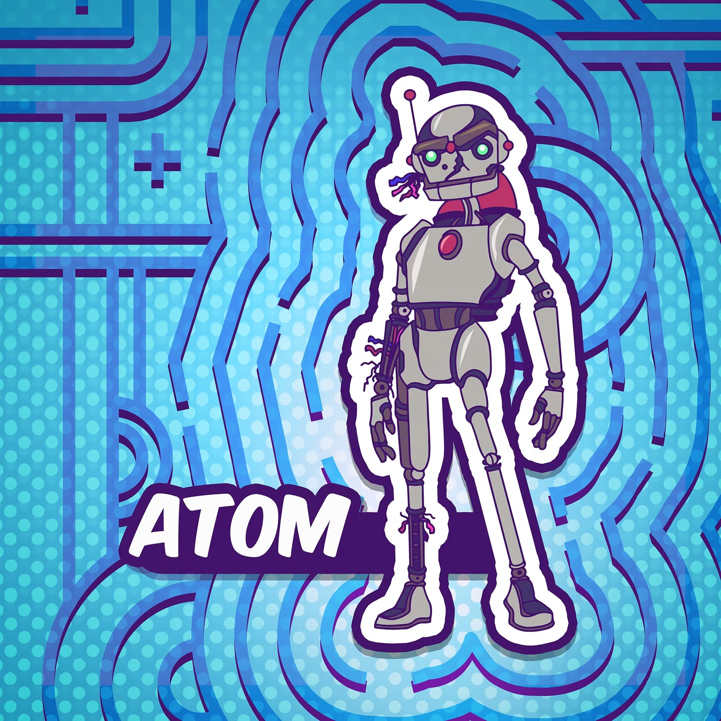 Robotic character named 'ATOM' on a blue circuit board background