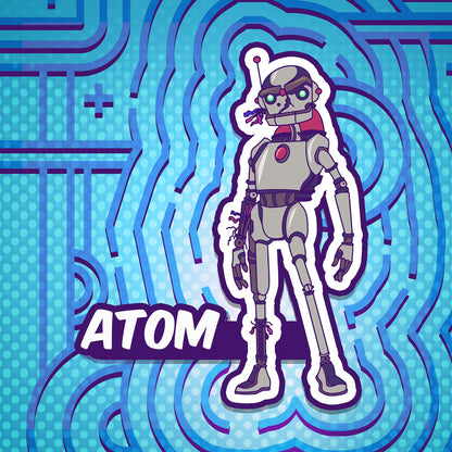 Robotic character named 'ATOM' on a blue circuit board background