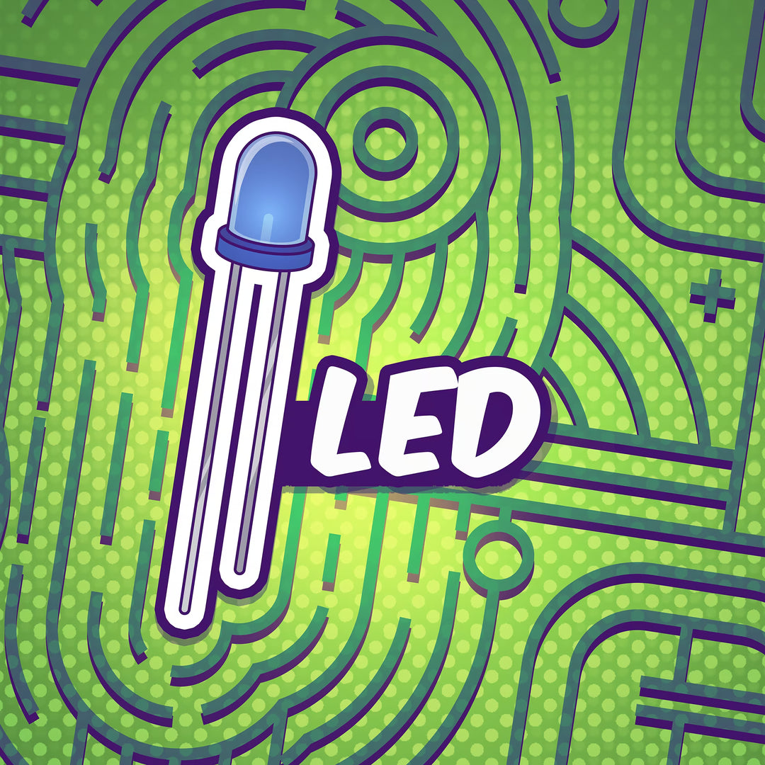 Illustration of an LED light bulb on a green circuit board background