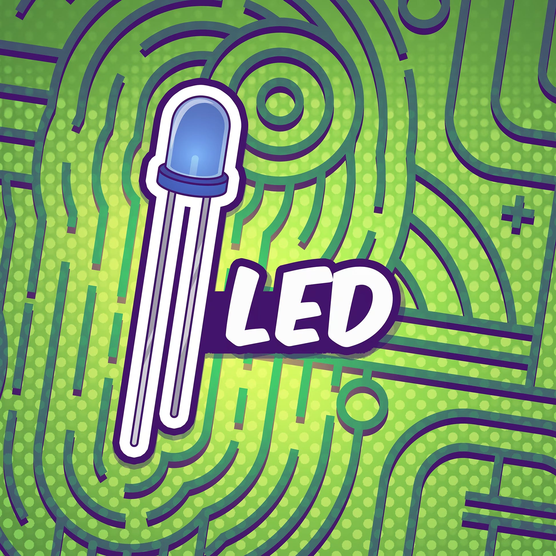 Illustration of an LED light bulb on a green circuit board background