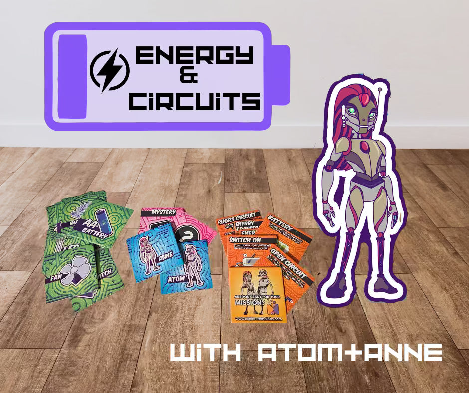 Educational materials and character figure on a wooden floor with 'Energy & Circuits' sign.