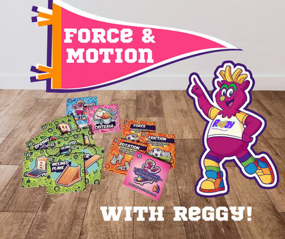 Educational materials on a wooden floor with a colorful character and 'Force & Motion' banner.
