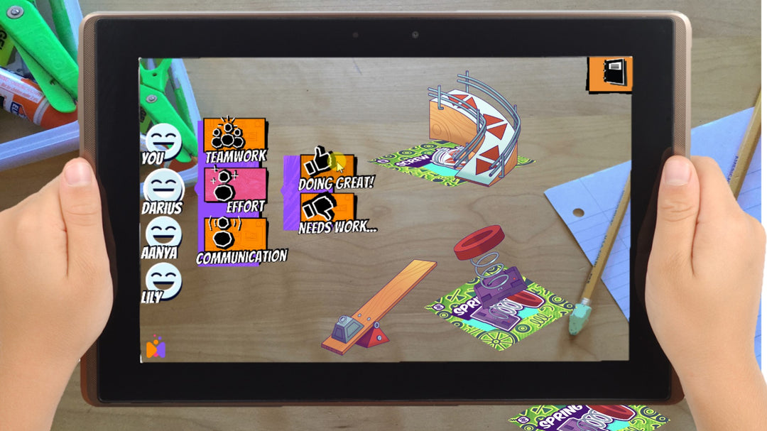 A child is using a tablet computer with a colorful educational app on the screen. The app features various interactive elements such as circuits, forces, and motion graphics.