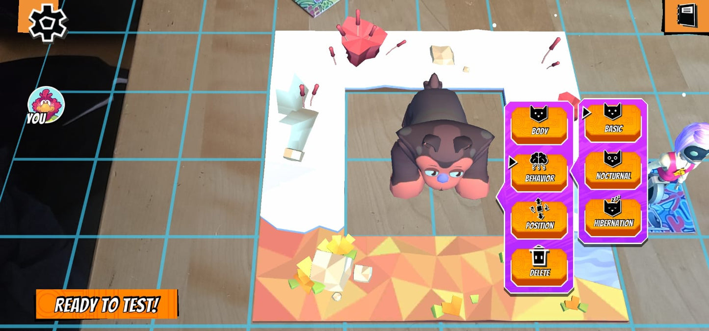 Game interface with character selection and options on a grid background