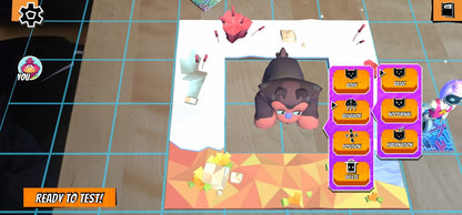 Game interface with character selection and options on a grid background