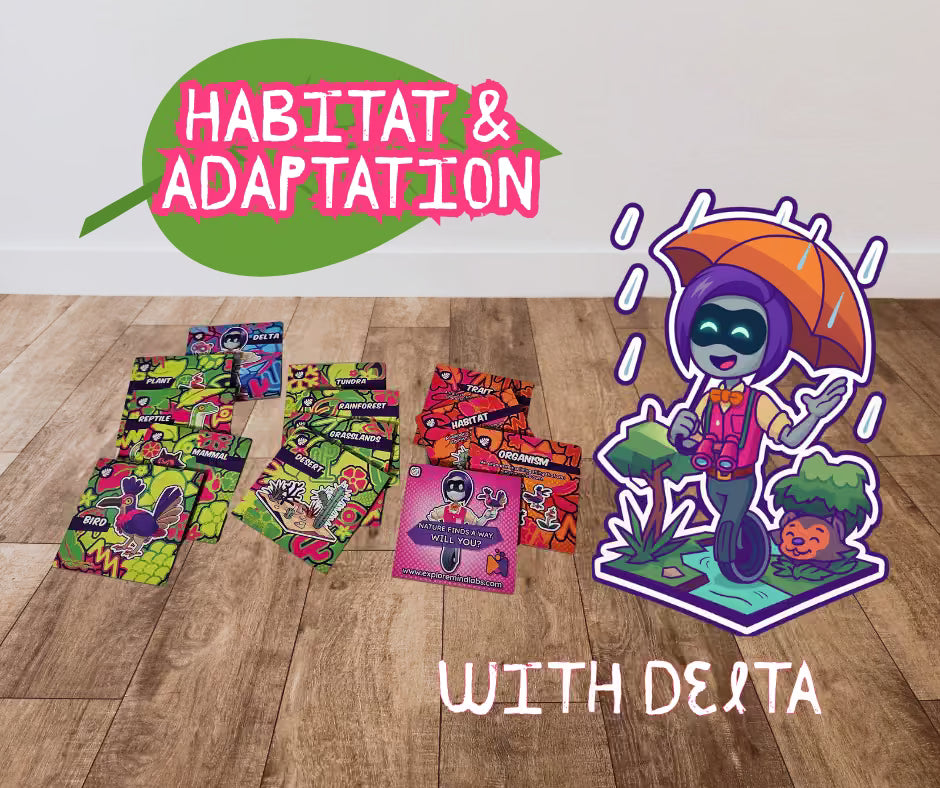 Educational materials on habitat and adaptation with colorful packages and a character illustration on a wooden floor.