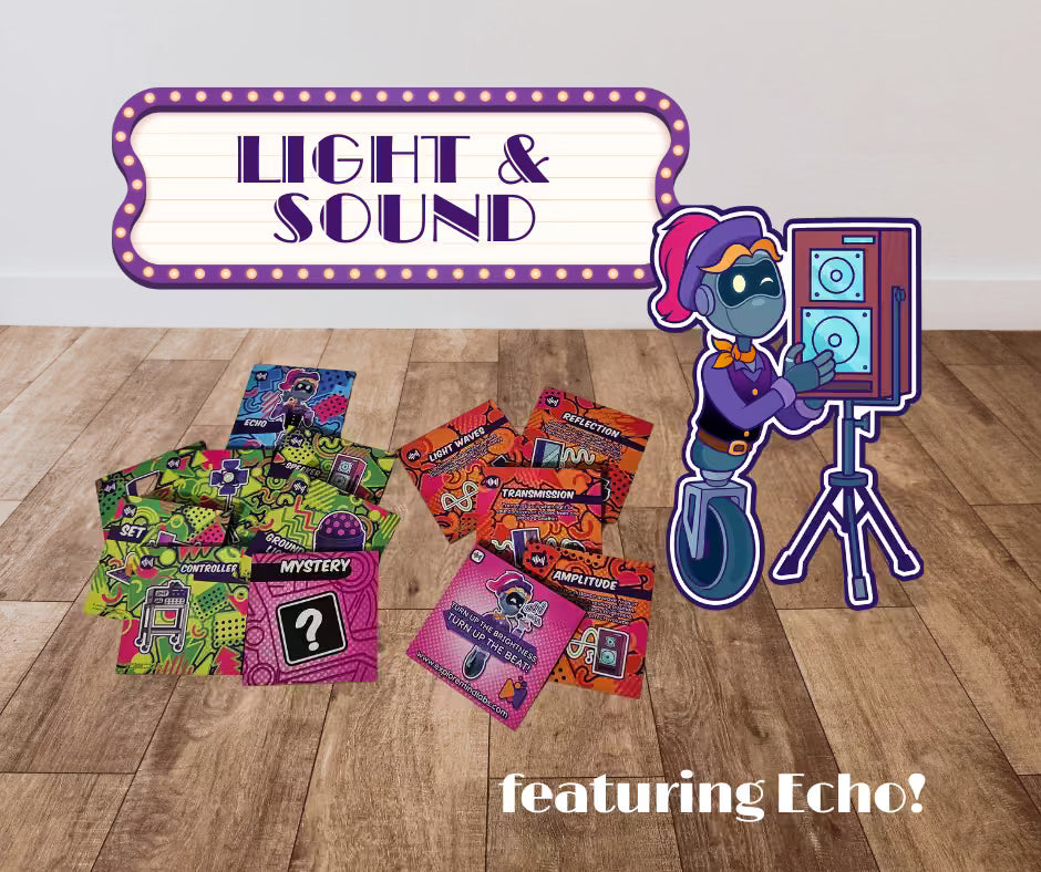 Colorful cards on a wooden floor with a character holding a speaker, labeled 'Light & Sound'.