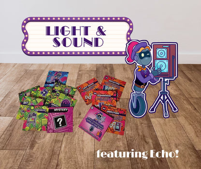 Colorful cards on a wooden floor with a character holding a speaker, labeled 'Light & Sound'.