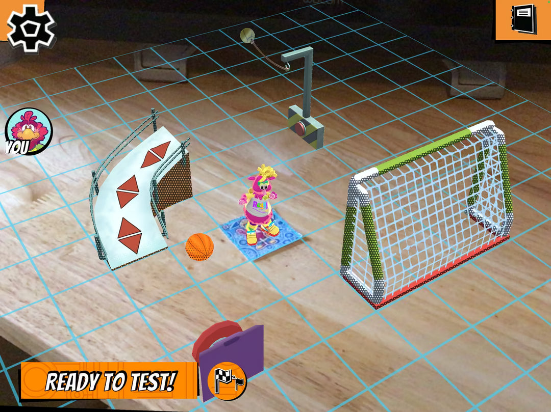 Sandbox game environment with basketball hoop, soccer goal, and character on a grid floor.