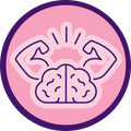 Brain flexing muscles on a pink background
