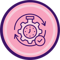 Icon with a gear, clock, and check mark on a pink background