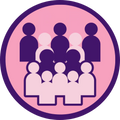 Icon of a group of people in a circle on a pink background