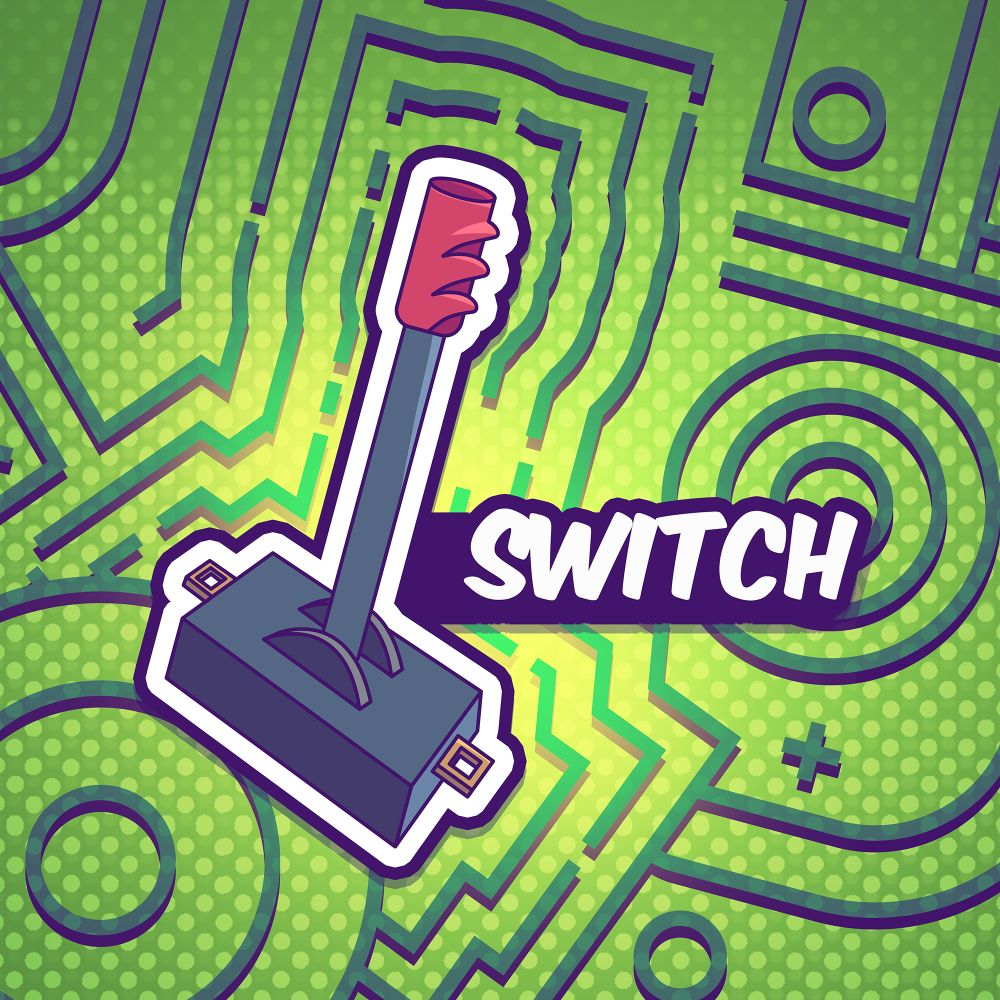 Joystick design with 'SWITCH' text on a green circuit board background