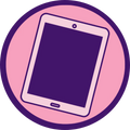 Illustration of a tablet on a pink circle with a purple border