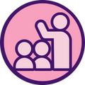 Icon of a person pointing to three people on a pink background