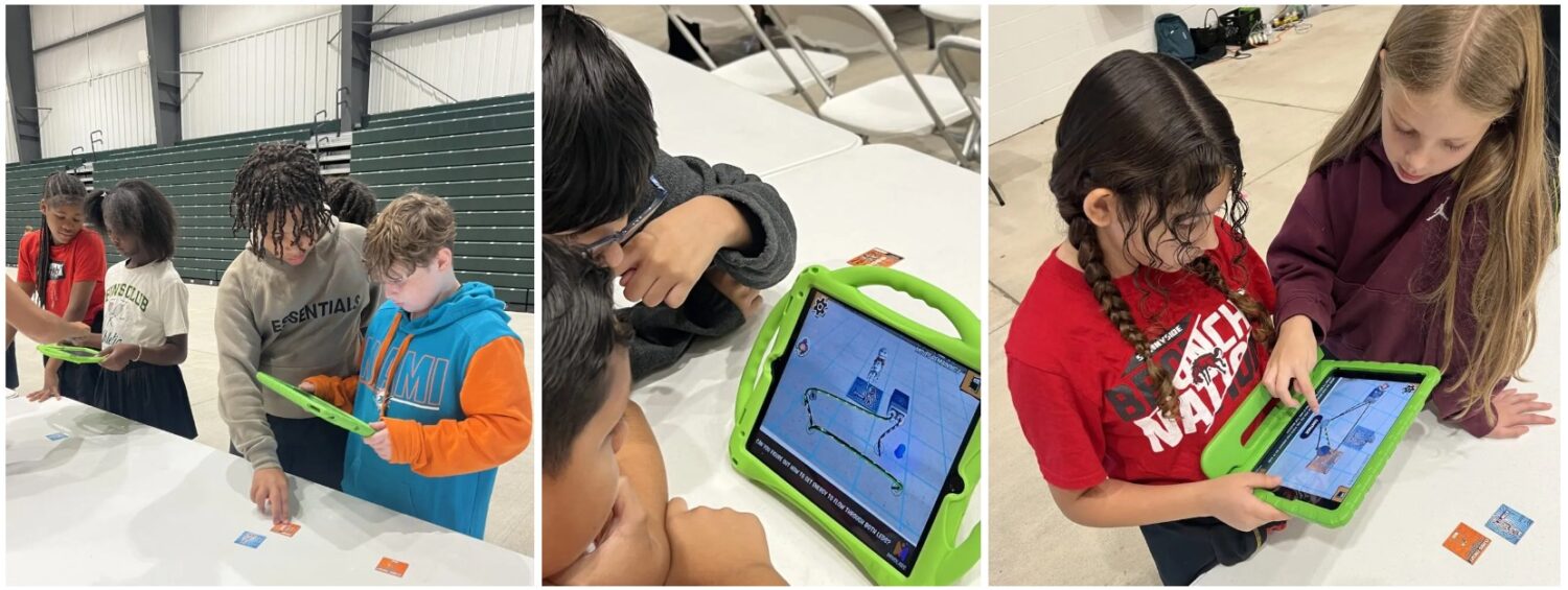 Children in 3 photos working on MindLabs using tablets and cards.